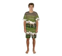 SABFWF Set pigiama da uomo con stampa di agnelli e pecore, comodo set pigiama da uomo con pantaloncini, perfetto per le notti estive, Nero , XXL