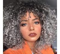 Sabosi Afro Parrucca grigia da donna, Ombre argento grigio sintetico ondulato capelli naturali ricci per le donne, Kinky Curly con frangia parrucche corte per cosplay uso quotidiano