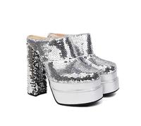 Sabot con Tacco e Plateau Glitter con Punta Quadrata da Donna, Sandali scorrevoli con Tacco Largo da 15 cm per la Discoteca sul palco della passerella,Argento,34 EU
