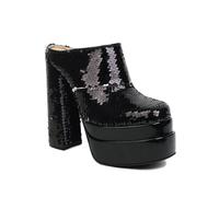Sabot con Tacco e Plateau Glitter con Punta Quadrata da Donna, Sandali scorrevoli con Tacco Largo da 15 cm per la Discoteca sul palco della passerella,Nero,35 EU