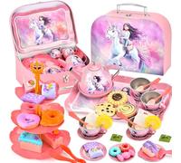 SACBRZZ 48 Pezzi Set da Tè Per Bambini, Tè Pomeridiano Accessori Cucina Bambini con Dessert Donut Tazze Piatti, Set Cucina Giocattoli per Natale Compleanno Regalo Bambina 3 4 5 6 7 Anni