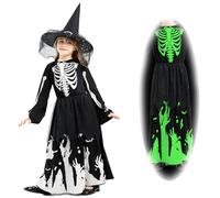 SACBRZZ Costume Strega Bambina, Fosforescente Vestiti Halloween Bambina con Cappello da Strega, Vestito Scheletro Bambino, Costume da Scheletro per Cosplay Carnevale Feste (140CM)