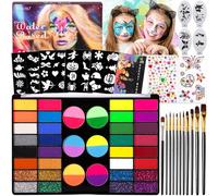 SACBRZZ Truccabimbi Kit Anallergici Atossici, 44 Colori Truccabimbi, con 11 Pennelli, 45 Stampini, 2 Stencil a Diamante, Trucchi Halloween Bambini, Face Paint per Halloween Carnevale Natale Party