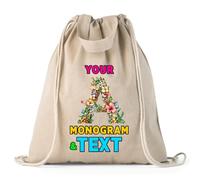 Sacca con coulisse Personalizzata con Monogramma Floreale | Design con Iniziale Personalizzata con Nome o Parola | Borsa per scuola, palestra, viaggi (Borsa morbida Organic Natural Multicolore)