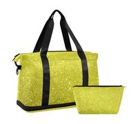 Sacca da palestra con brillantini, con brillantini, colore giallo, dorato, con borsa da toilette per aereo, grande capacità, Giallo dorato stellato brillante scintillante, 1 size