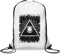 Sacca da palestra minimalista illuminati piramidale con occhio che vede tutti gli occhi sbiaditi, borsa casual con coulisse, colore bianco