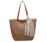 Sacca da Spiaggia Intrecciata con Paglia di Goccia con certaccia Liscia Chiusura della Cerniera Spiaggia di Paglia con Borse per adornare Il Nastro per Donne da Viaggio Estivo Shopping Kaki