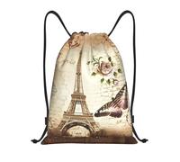 Sacca leggera con coulisse - Palestra Vintage Parigi Torre Eiffel Farfalla Stampa Zaino con Cinghie Regolabili - Perfetto per Sport, Yoga, Viaggi, Nero , S