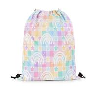 Sacca Sportiva Cartoon Rainbow Gradient Patchwork Geometric Plaid Draw Cute Stars Hand Drawn Style Zaino con Coulisse Portaoggetti Borsa con Coulisse Pieghevole Sacche Sportive per Scuola Viaggi