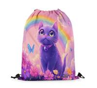 Sacca Sportiva Purple Cat Dreamy Rainbow Flower Flower Lover Cartoon Butterfly Zaino con Coulisse Fashion Drawstring Bag Portaoggetti Gym Sack per Escursionismo Scuola Viaggi 36X42CM