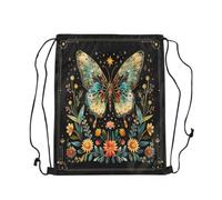Sacca Sportiva Rainbow Butterfly,Rustic Botanical Flowers Boho Style,Watercolor Butterfly Plants Zaino con Coulisse Portaoggetti Drawstring Bag Pieghevole Gym Sack per Scuola Viaggi