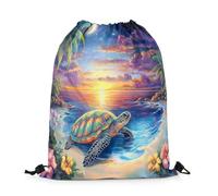 Sacca Sportiva Sea Turtle Yellow Sunset Dreamy Galaxy Moon Tropical Flowers Tree Seaside Beach Theme Zaino con Coulisse Pieghevole Borsa con Coulisse Unisex Sacche Sportive M