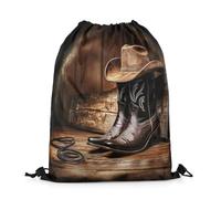 Sacca Sportiva Western Cowboy Mysterious Pattern Leather Boots Cowboy Hat Rope Wooden Board Retro Zaino con Coulisse Fashion Sacche Sportive Sport Drawstring Bag per Scuola Viaggi 36X42CM