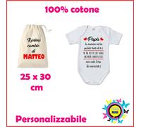Sacca stampa "il primo cambio nome" e body con stampa " papà fantastico" cotone