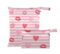 Sacchetti asciutti con cerniera, confezione da 2 elementi essenziali da viaggio per bambini, con manici per fare il bagno, lo yoga (strisce bianche e rosa, cuore e labbra amore)