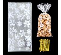 Sacchetti Biscotti di Natale, Azexcy 100 Pz Sacchetti Regalo in Cellophane Fiocchi di Neve Trasparente Sacchetti con Cravatta per Caramelle, Alimenti, Dolci, Torte