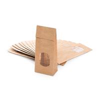 Sacchetti carta kraft con finestra, 100 pezzi: bustine piccole per dolci, spezie, tè, regali, confezioni alimenti con inserto interno, marroni, fondo quadro, 7 x 4 x 20,5 cm