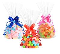 Sacchetti Cellophane,Anstore 100 Sacchetti Trasparenti per Caramelle,15x25cm Sacchettini Plastica Trasparenti,Sacchetti Regalo con 100 Nastro Dorato e 100 Arco,Sacchetti per Caramelle,Biscotti,Regalo