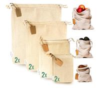 Sacchetti Cotone Riutilizzabili Taglie Assortite XS-XXL - Mix Multiuso per Spesa, Pane, Frutta, Verdura, Casa, Biancheria, Organizer, Lavabili, Traspiranti, Naturali, Ecologici - Confezione da 8 pezzi