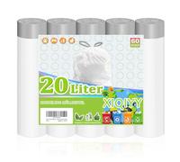 Sacchetti della spazzatura da 20 l, con cordino e manici, con maniglia per il trasporto, 60 sacchetti per la spazzatura in plastica di colore bianco, adatti per cestino da 15 - 25 litri