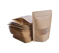 Sacchetti di Carta Kraft con Finestra 100 Pezzi, Buste Carta Alimenti Sacchetto Carta Kraft Autosigillante con Chiusura a Zip per Frutta Secca Biscotti Caramelle e Caffè in Grani