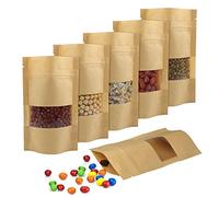 Sacchetti di carta kraft Ledoo, 150 sacchetti con cerniera e finestra, adatti per caramelle, tè, cereali, alimentari, riutilizzabili, marrone, impermeabili