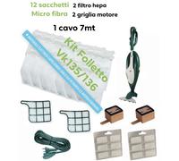 Sacchetti Folletto 12 Profumi 2 Filtri 2 Griglie 1 cavo 7MT VK 135 VK 136 KIT