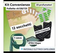 SACCHETTI FOLLETTO VK 130 VK 131 12PZ +20 PROFUMI+2 FILTRI CARBONI +2 HEPA+ CAVO