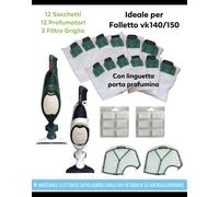 SACCHETTI FOLLETTO VK 140 VK 150 12PZ +12 PROFUMI +2 FILTRO MOTORE SACCHI FILTRI