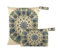 Sacchetti impermeabili in stile vittoriano retrò vintage con piuma di pavone verde oro con cerniera confezione da 2 pezzi essenziali da viaggio per bambini con manici per pannolini per bambini, yoga