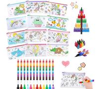 Sacchetti per Bambini da Colorare, 12pcs Sacchetti per Graffiti Fai da Te per Bambini e 12 Pastelli Impilabili (12 Colori in 1), Borsa in Tessuto di Bambini da Dipingere, DIY Gadget Compleanno Bambini