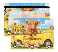 Sacchetti per raccoglitori, 3 raccoglitori ad anelli, confezione da 2 sacchetti impermeabili con finestra trasparente, organizer per cancelleria per il rientro a scuola Highland Cow Girasole Scottish