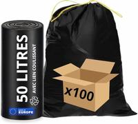 Sacchetti per spazzatura da 50 l, Sacchi per Pattumiera 50 Litri, Maniglie Tira e Chiudi, con lacci scorrevoli, 680 X 750, confezione da 100 pezzi, 100% riciclabile, alta resistenza (35µ), 35 micron