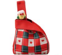 Sacchetti regalo stagionali per frutta e caramelle con disegni natalizi come alberi e pupazzi di neve, realizzati in tessuto con cinghie per un facile trasporto (B)