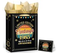 Sacchetti regalo vintage per il 40° compleanno per donne e uomini, nero oro 1985, sacchetti regalo di compleanno con carta da regalo per 40° compleanno e biglietto di auguri per 40 anni compleanno