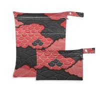 Sacchetti riutilizzabili piccoli, confezione da 2 pezzi essenziali da viaggio per bambini, con manici per fare il bagno, la palestra (onde di fiori di ciliegio zefiro giapponesi rossi, neri, rossi)