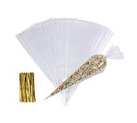 Sacchetti Trasparenti Caramelle,100 Pcs Cono Cellophane Sacchettini Regalo Buste Bomboniere Bustine per Biscotti Popcorn,con 100 Cravatte,per Festival Compleanno Battesimo Matrimonio 16 * 30cm