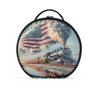 Sacchetto cosmetico rotondo da viaggio per trucco da viaggio borsa organizer pennelli da trucco portatili accessori per gioielli da toeletta Il treno sta volando la bandiera americana, Il treno batte