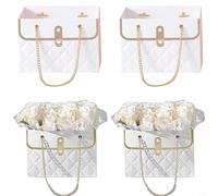 Sacchetto di carta rettangolare con manico in materiale impermeabile, manico a catena in metallo per un facile trasporto di sacchetti per bouquet (bianco)