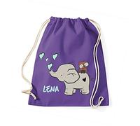 Sacchetto di stoffa con nome, motivo elefante e gufo, personalizzabile, per ragazzi e ragazze, colore: viola e grigio