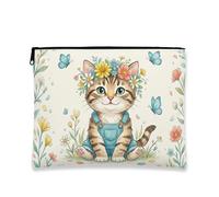 Sacchetto di trucco per gatti con fiori, bella borsa da viaggio per le donne organizzatore portatile con chiusura borsa da toilette per la cura della pelle primaverile, crema, 7x9 Inch, Gatto