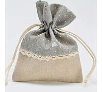 Sacchetto per confetti in juta con base avana e parte superiore in colore grigio/argento decorata con cuoricini e pois bianchi, chiusura con tiranti- Bomboniere comunione,matrimonio