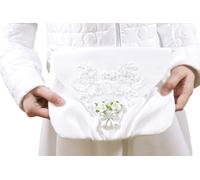 Sacchetto per la Prima Comunione di una bambina, decorato con pizzo e rose.