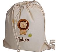 Sacchetto Porta Corredino Bebè Neonato Zaino A Sacca In Cotone 130gr Personalizzato con Nome e Animali Foresta Leone Idea Regalo Natale Compleanno Primo Cambio Nuova Nascita Bimbo Bimba in Arrivo