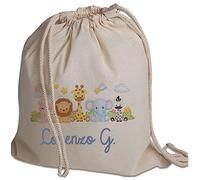 Sacchetto Porta Corredino Bebè Neonato Zaino A Sacca In Cotone 130gr Personalizzato con Nome e Animali Foresta Zoo Idea Regalo Natale Compleanno Primo Cambio Nuova Nascita Bimbo in Arrivo