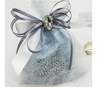 Sacchetto portaconfetti anniversario nozze argento con numero 25 in strass, TNT bianco e tulle silver decorato con fiocco e punto luce - Bomboniere venticinquesimo confettate (12 pz con confetti)