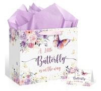 Sacchetto regalo di compleanno per baby shower, con farfalla e scritta "A Little Butterfly is On The Way", con carta da regalo, viola e rosa, sacchetto regalo floreale per baby shower, forniture per