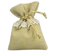 Sacchetto stoffa juta con merletto e tirante 10x12 cm portaconfetti bomboniera matrimonio comunione battesimo nascita cresima elegante rustico cerimonia decorazione shabby chic (Beige, 10 Pz)
