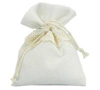 Sacchetto stoffa juta con merletto e tirante 10x12 cm portaconfetti bomboniera matrimonio comunione battesimo nascita cresima elegante rustico cerimonia decorazione shabby chic (Bianco, 10 Pz)