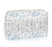 Sacchetto Trucco Sposa, Makeup Bag Bride, con Perle Bianche, Lettera Borsa Trucco Floreale, Beauty Case Sposa, Borsa da Toilette Trapuntata, per Donne, Damigella D'Onore, Matrimonio
